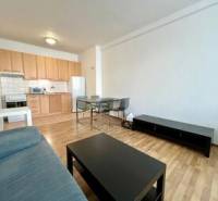 Living room with kitchen in a two-room apartment with a sofa and a dining table.