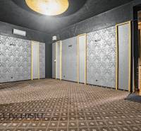 Commercial spaces with wallpaper and carpet, black ceiling, light, decorations.