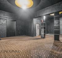 The interior of commercial spaces with dark walls and patterned carpet.