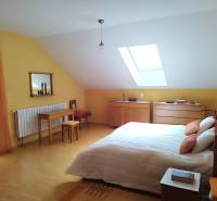 Attic bedroom in a family house with wooden furniture and a skylight.