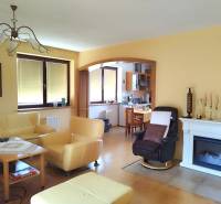 Living room in a family house with a fireplace, yellow sofas, and access to the kitchen.