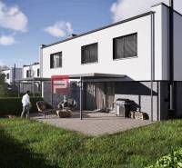 Exterior of a 3-room apartment in Dubová with a terrace, greenery, and modern design.