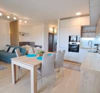 Studio apartment with a modern kitchen, dining table, sofa, and decorations.