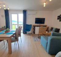 Living room in a studio apartment with a dining table, sofa, armchair, and a TV on the wall.