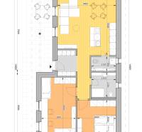 Floor plan of a family house with two bedrooms, a living room, and a kitchen.