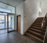 Staircase and glass entrance door in a building with a view of the parking lot.