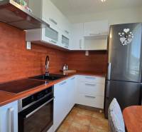 Kitchen in a two-room apartment with white cabinets, wooden paneling, stainless steel appliances.