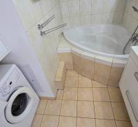 A bathroom with a corner bathtub, sink, and washing machine in a 2-room apartment.
