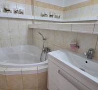 A bathroom in a 2-room apartment with a corner-shaped bathtub and a sink in soft tones.