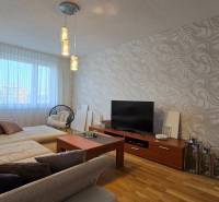 Living room in a two-room apartment with a sofa, television, and a patterned wall.