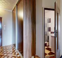 A hallway with wooden doors and a wardrobe in a 2-room apartment.