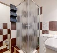 Bathroom with a toilet and a shower in a 2-room apartment, tiles in a brown and white combination.