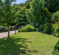 The garden of a family house on Sliačska Street in Bratislava - Ahoj, surrounded by greenery and trees.