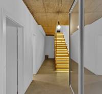 A hallway with a lit staircase and a mirror in a family house.