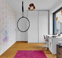 Children's room in a family house with a swing, a desk, and shelves for toys.