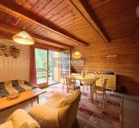 A wooden interior of a cottage with a sofa, a dining table, and glass doors leading to the terrace.