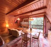Wooden interior of a cabin with a living room, couch, and dining table.