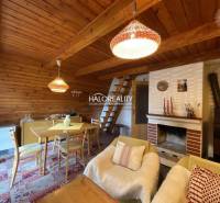 Wooden interior of a cabin with a sofa set, dining table, and fireplace.
