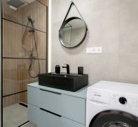 A bathroom with a shower, washing machine, and sink in a 2-room apartment.