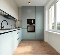 A bright kitchen in a 2-room apartment with modern appliances and a large window.