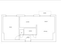 Floor plan of a 2-room apartment with a kitchen, bedroom, living room, and balcony.