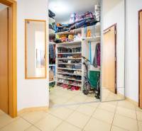 A hallway in a 3-room apartment with storage space, shoe shelves, and mirrors.