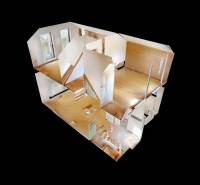 3D model of a cottage interior with floor area and wooden details.