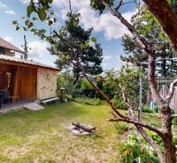 Garden with a cottage in the town of Stupava, with fruit trees and a fire pit on the lawn.