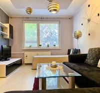 Living room in a two-room apartment with a sofa, television, table, and decorations.