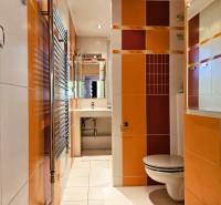 Bathroom in a 2-room apartment with colorful tiles, a sink, and a toilet.