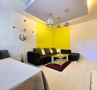 Living room in a 2-room apartment with a sofa, decorative wall, and modern lights.