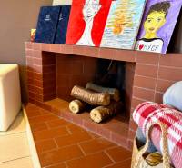 Interior of a 2-room apartment with a fireplace, on which paintings and wood are arranged.
