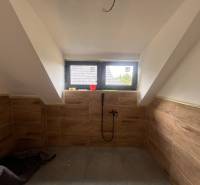 An attic bathroom in a cabin with wooden paneling and a skylight.