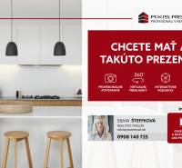 A kitchen in a studio apartment with light furniture and bar stools. Advertisement for real estate services.