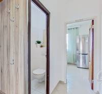 Interior of a 1-room apartment with a wooden hallway, bathroom, and kitchen with a refrigerator.