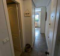 A narrow hallway in a studio apartment with bright lighting and wall decorations.