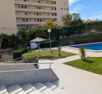 The pool and garden in front of the apartment complex on Aquiles Street in Torrevieja.