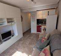 Studio apartment with a sofa, television, and kitchenette with a washing machine.