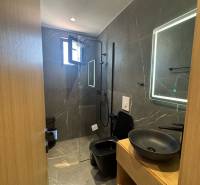 Bathroom of the recreational apartment with a shower, black sink, and illuminated mirror.
