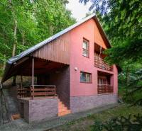 A cottage in Ružiná surrounded by greenery, featuring typical architecture and wooden details.
