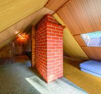 In the attic of a cottage with a brick chimney and a window overlooking the roof.