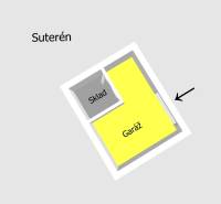 The floor plan of the basement of the cottage in Ružiná shows a garage and a storage room.