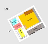 Cottage layout: kitchen, hallway, living room, bathroom with toilet, loggia.