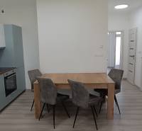 A kitchen and dining area with a wooden table and four chairs in a 2-room apartment.