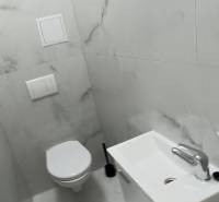 A toilet with a sink and marble walls in a 2-room apartment.