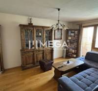 Living room in a three-room apartment with a sofa, cabinets, and a bookshelf by the window.