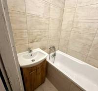 Bathroom in a 2-room apartment with a bathtub and a sink in a wooden decor.