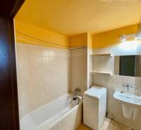 Bathroom in a 2-room apartment with a shower, washing machine, and mirror.