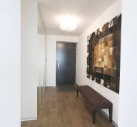 A hallway in a 3-room apartment with a wood-patterned floor and elegant lighting.