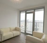 Living room with leather sofas and large windows in a 3-room apartment.